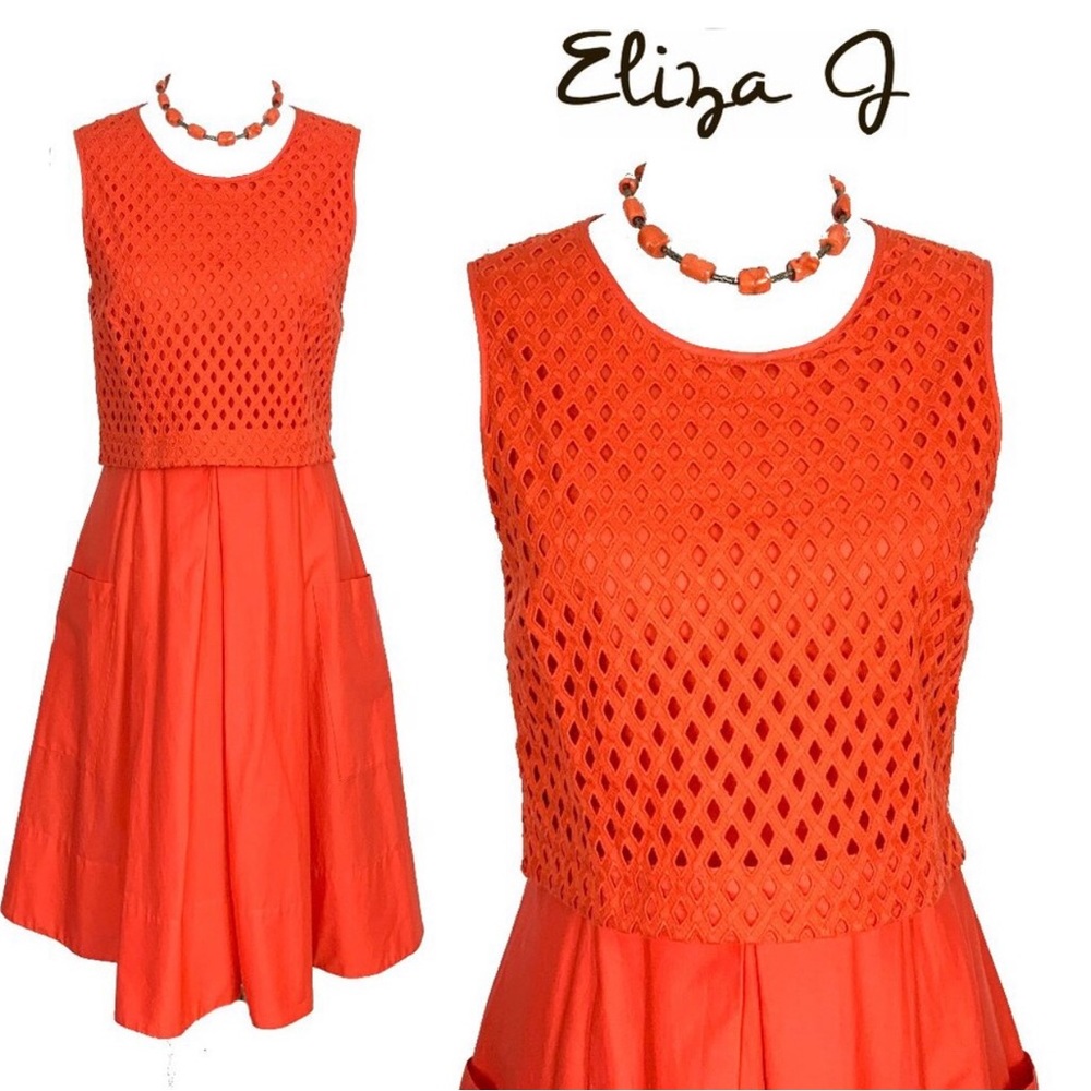 Eliza J Orange Cotton Fit & Flare Midi Dress Eyelet Bodice Sz 6